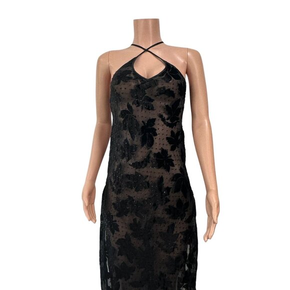 Vintage Morgan Taylor Black Sheer Slip Dress SZ S Velvet Floral By Fantasies - Picture 11 of 16